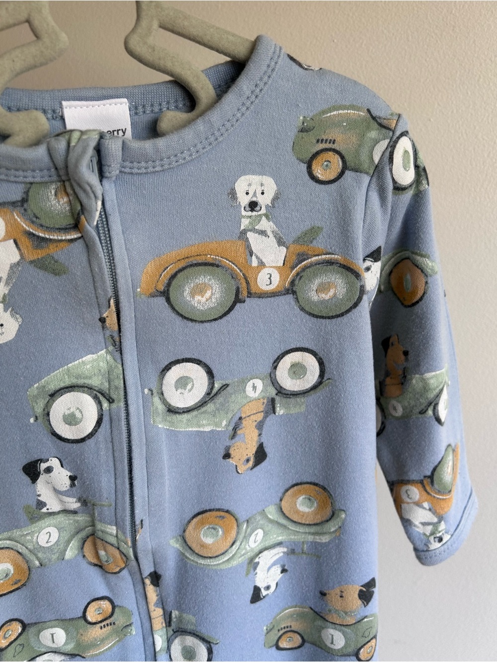 3/$15 Baby Berry Blue Puppy Car Print Footed One-Piece